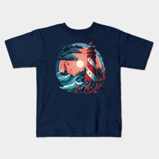 Guiding Seafarers: Nautical Light Tower Art Print in Red, White, and Blue Kids T-Shirt